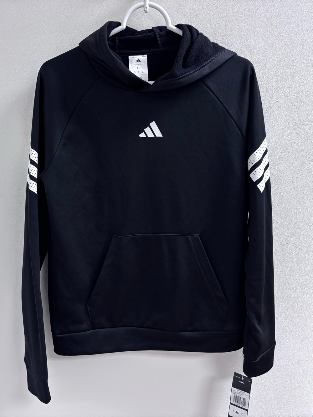 NWT Adidas Boys XL 18/20 Black Fleece Hoodie Slim Fit Pullover Sweatshirt